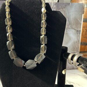 Bold Chunky Smoky Quartz like Necklace Stone Gunmetal Hoop Earrings